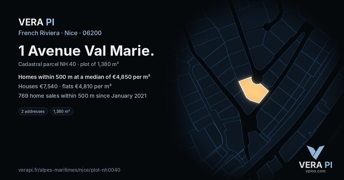 1 Avenue Val Marie, Nice at night – the plot lit, the parcels around coloured by the prices near them