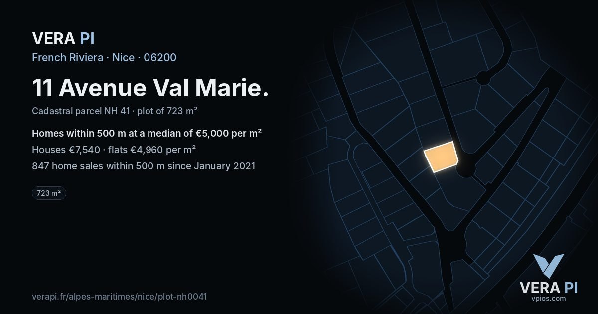 11 Avenue Val Marie, Nice at night – the plot lit, the parcels around coloured by the prices near them