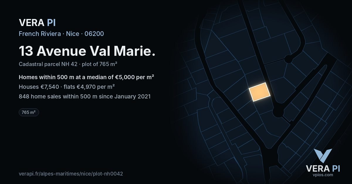 13 Avenue Val Marie, Nice at night – the plot lit, the parcels around coloured by the prices near them