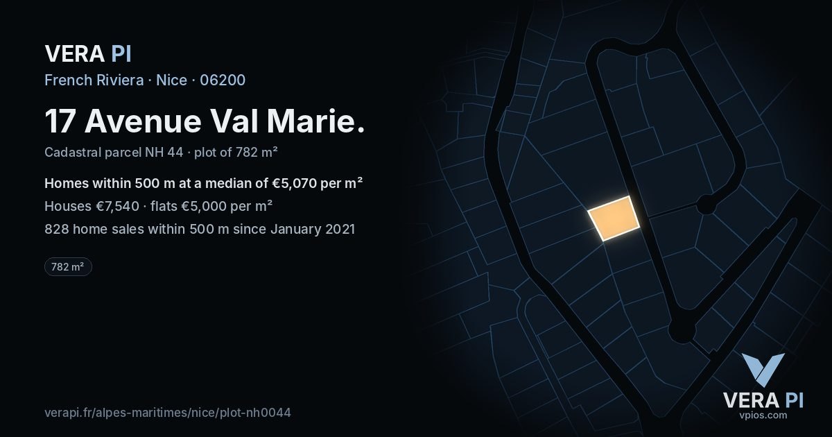 17 Avenue Val Marie, Nice at night – the plot lit, the parcels around coloured by the prices near them