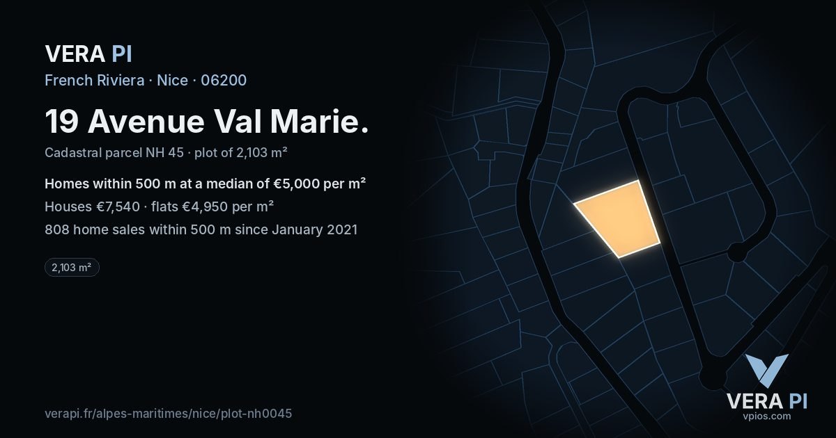 19 Avenue Val Marie, Nice at night – the plot lit, the parcels around coloured by the prices near them