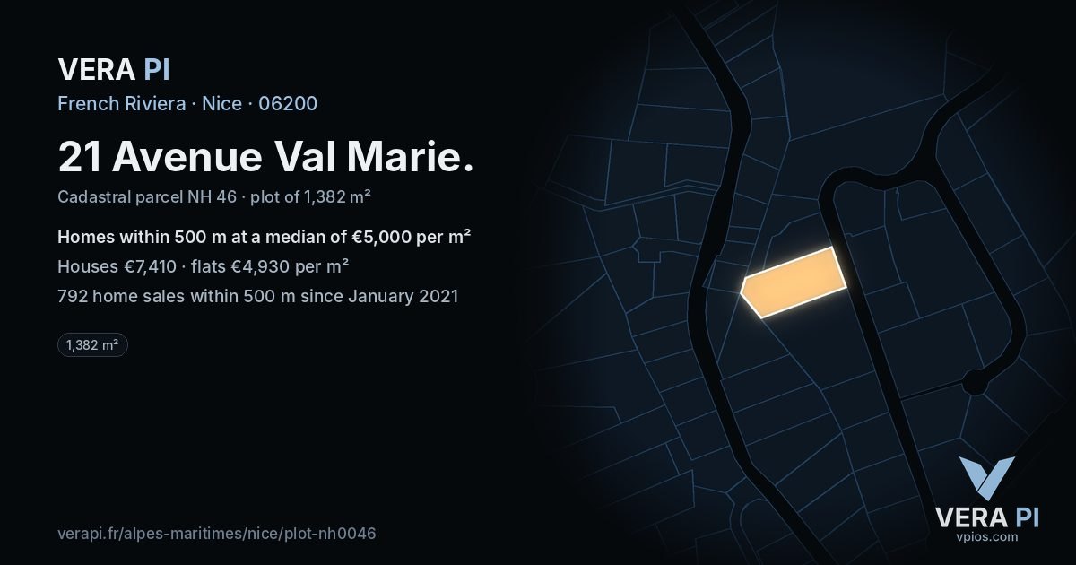 21 Avenue Val Marie, Nice at night – the plot lit, the parcels around coloured by the prices near them