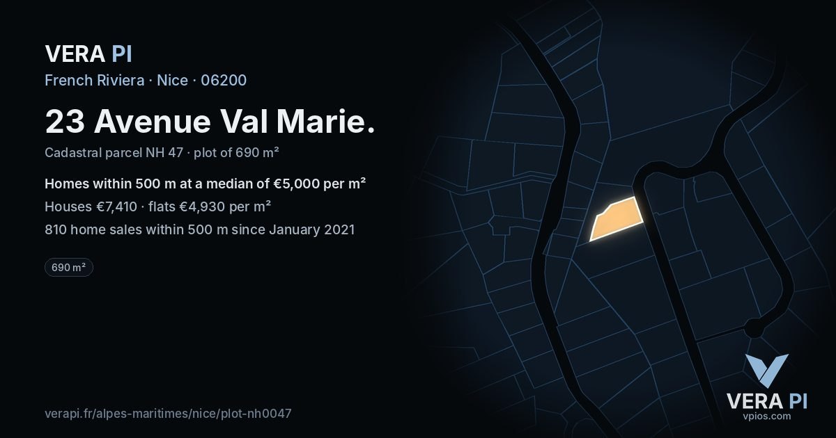23 Avenue Val Marie, Nice at night – the plot lit, the parcels around coloured by the prices near them