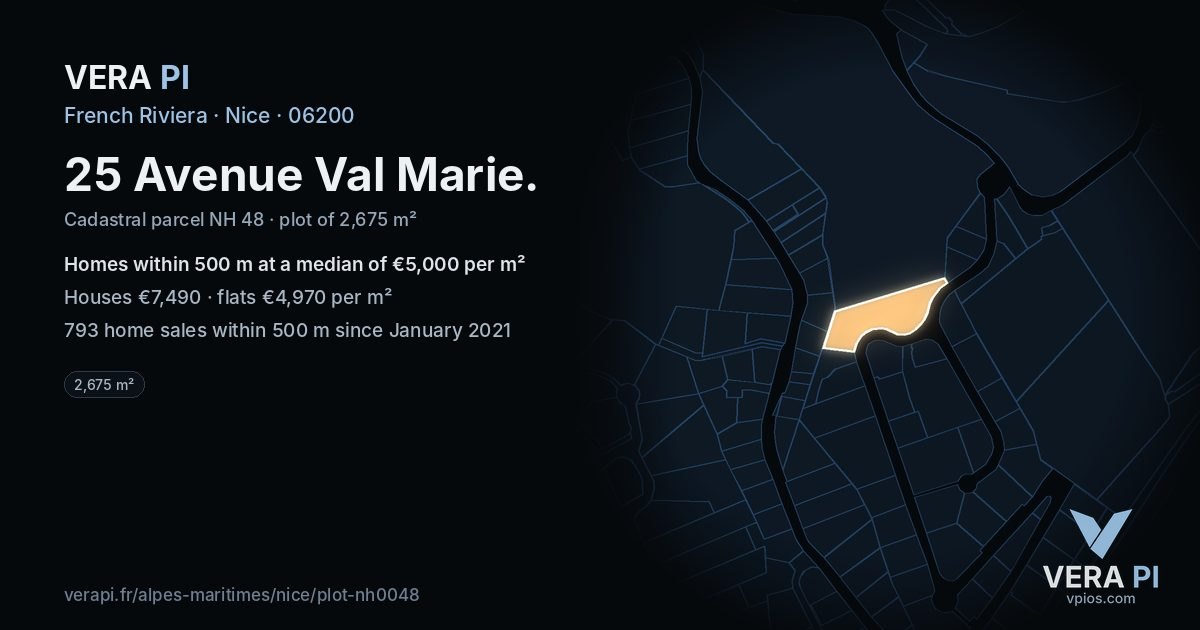 25 Avenue Val Marie, Nice at night – the plot lit, the parcels around coloured by the prices near them