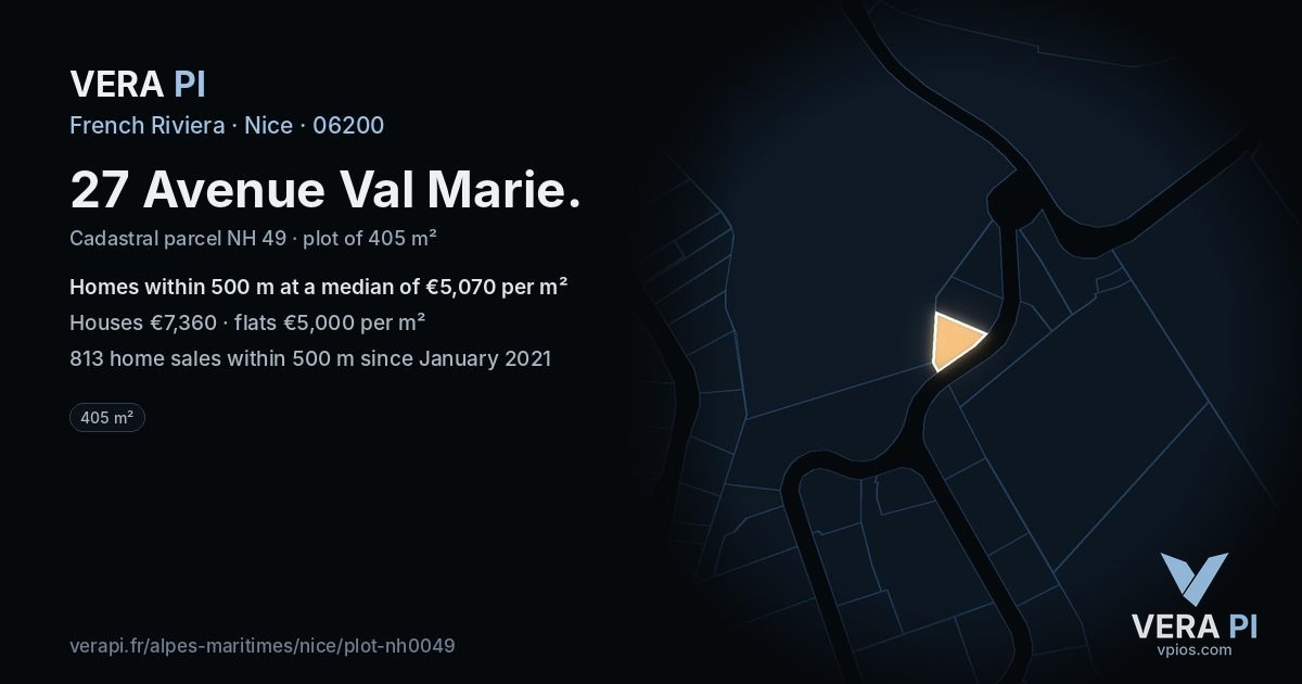 27 Avenue Val Marie, Nice at night – the plot lit, the parcels around coloured by the prices near them