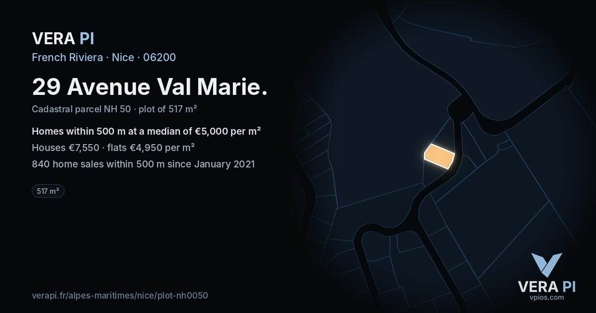 29 Avenue Val Marie, Nice at night – the plot lit, the parcels around coloured by the prices near them