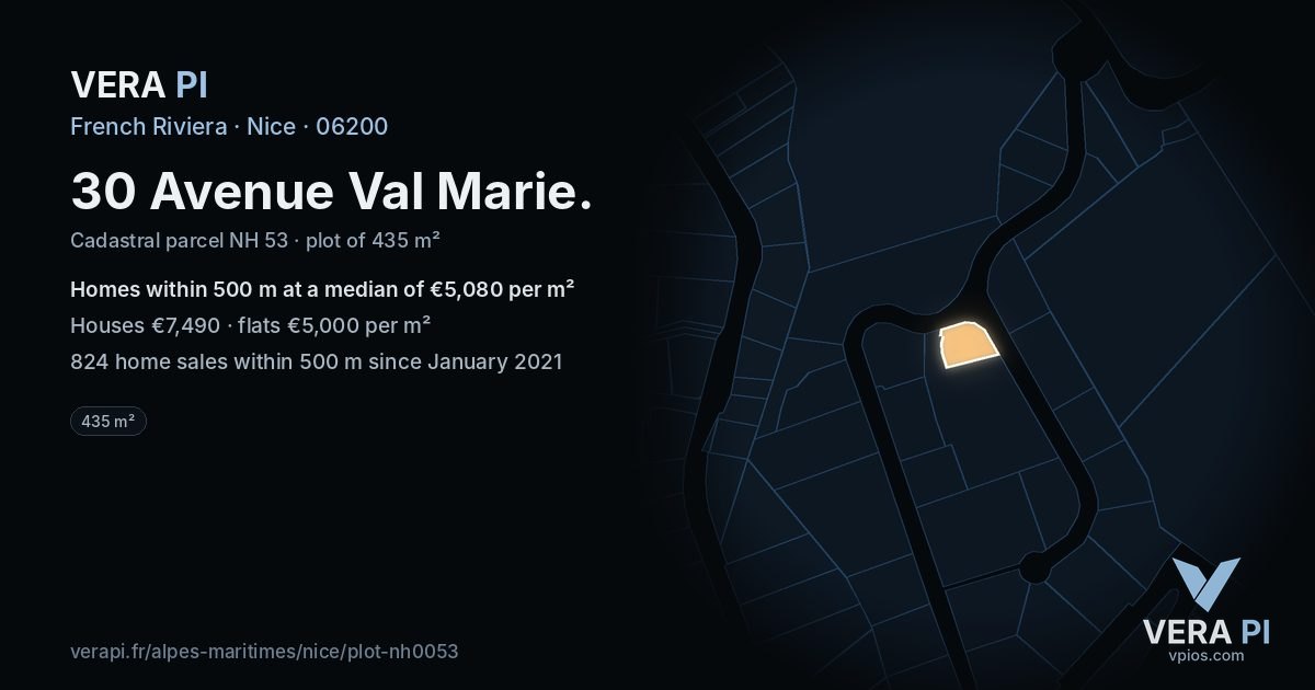 30 Avenue Val Marie, Nice at night – the plot lit, the parcels around coloured by the prices near them