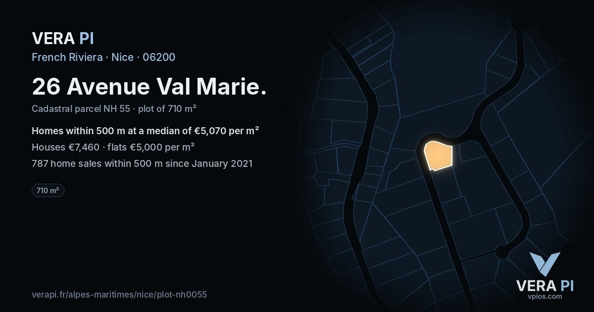 26 Avenue Val Marie, Nice at night – the plot lit, the parcels around coloured by the prices near them