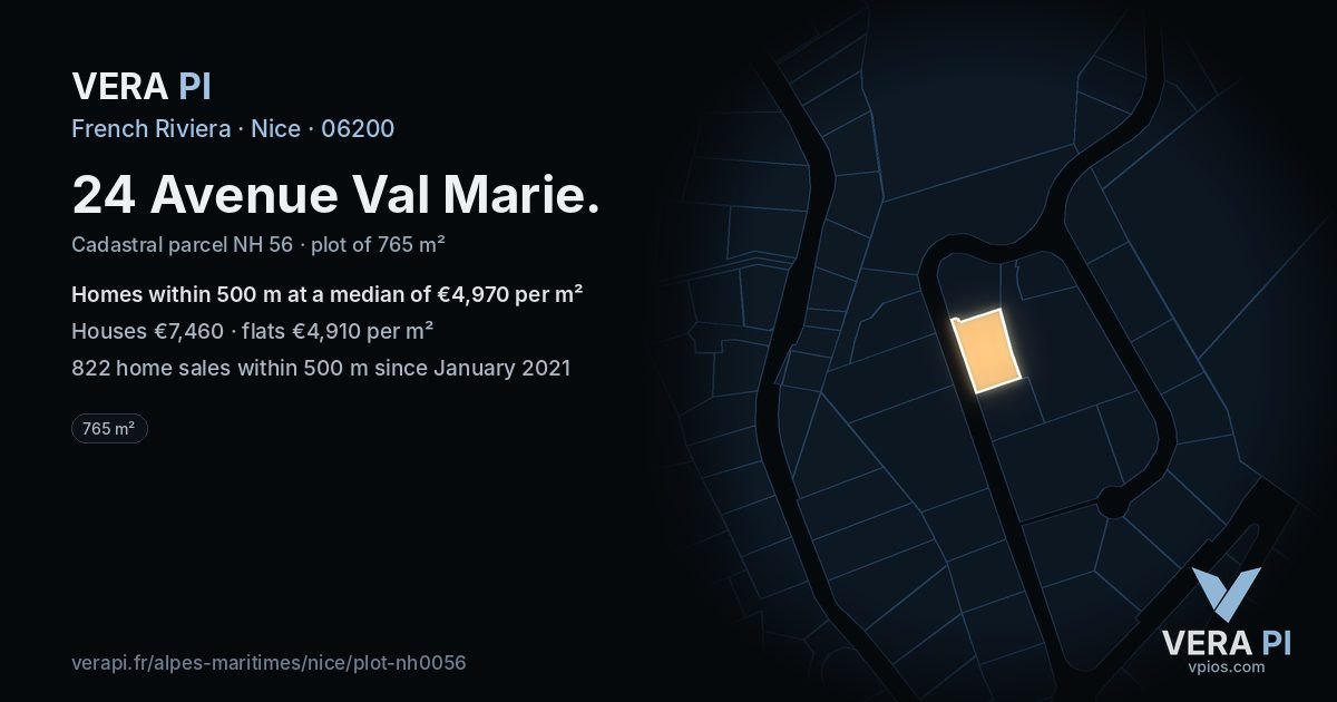 24 Avenue Val Marie, Nice at night – the plot lit, the parcels around coloured by the prices near them