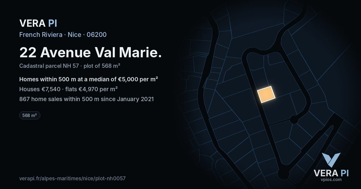 22 Avenue Val Marie, Nice at night – the plot lit, the parcels around coloured by the prices near them