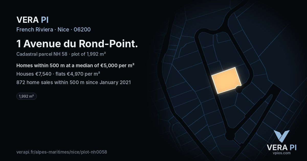 1 Avenue du Rond-Point, Nice at night – the plot lit, the parcels around coloured by the prices near them