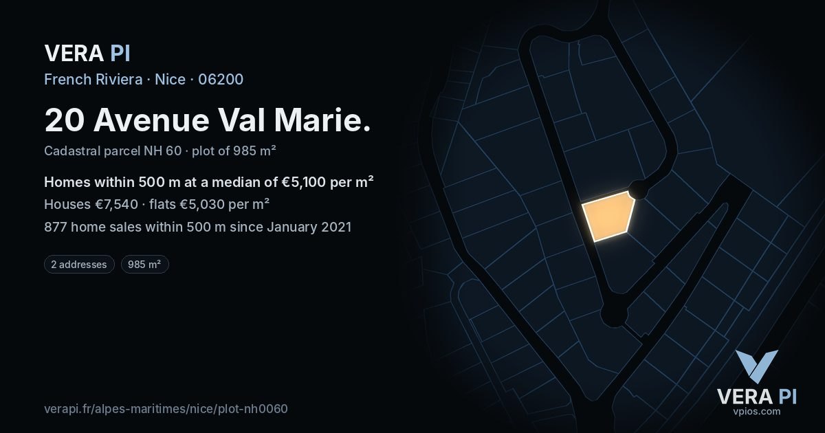 20 Avenue Val Marie, Nice at night – the plot lit, the parcels around coloured by the prices near them