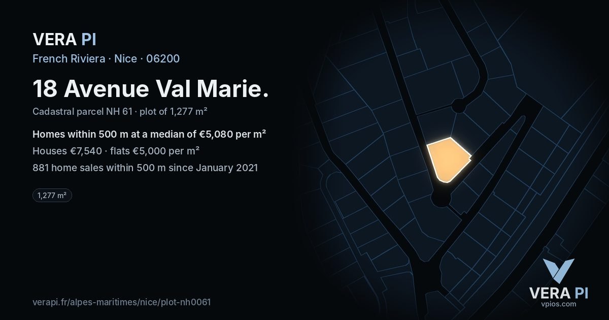 18 Avenue Val Marie, Nice at night – the plot lit, the parcels around coloured by the prices near them