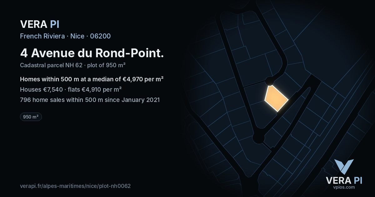 4 Avenue du Rond-Point, Nice at night – the plot lit, the parcels around coloured by the prices near them