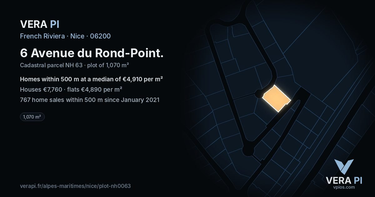 6 Avenue du Rond-Point, Nice at night – the plot lit, the parcels around coloured by the prices near them