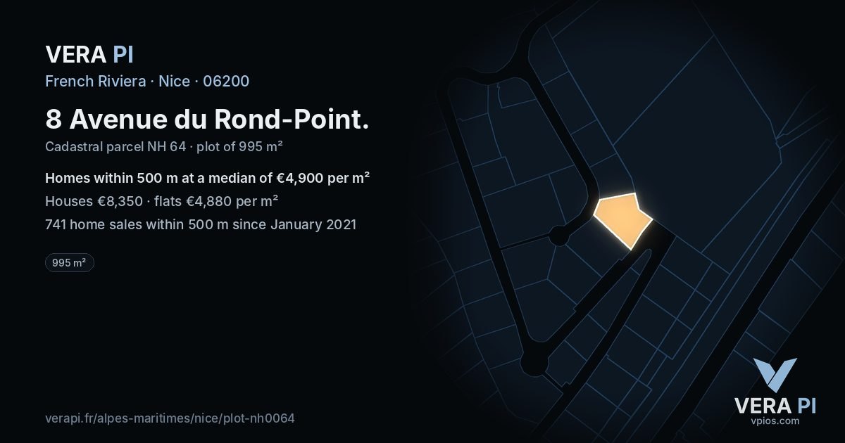 8 Avenue du Rond-Point, Nice at night – the plot lit, the parcels around coloured by the prices near them