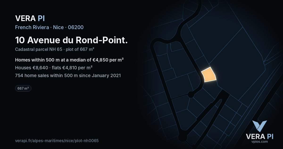10 Avenue du Rond-Point, Nice at night – the plot lit, the parcels around coloured by the prices near them