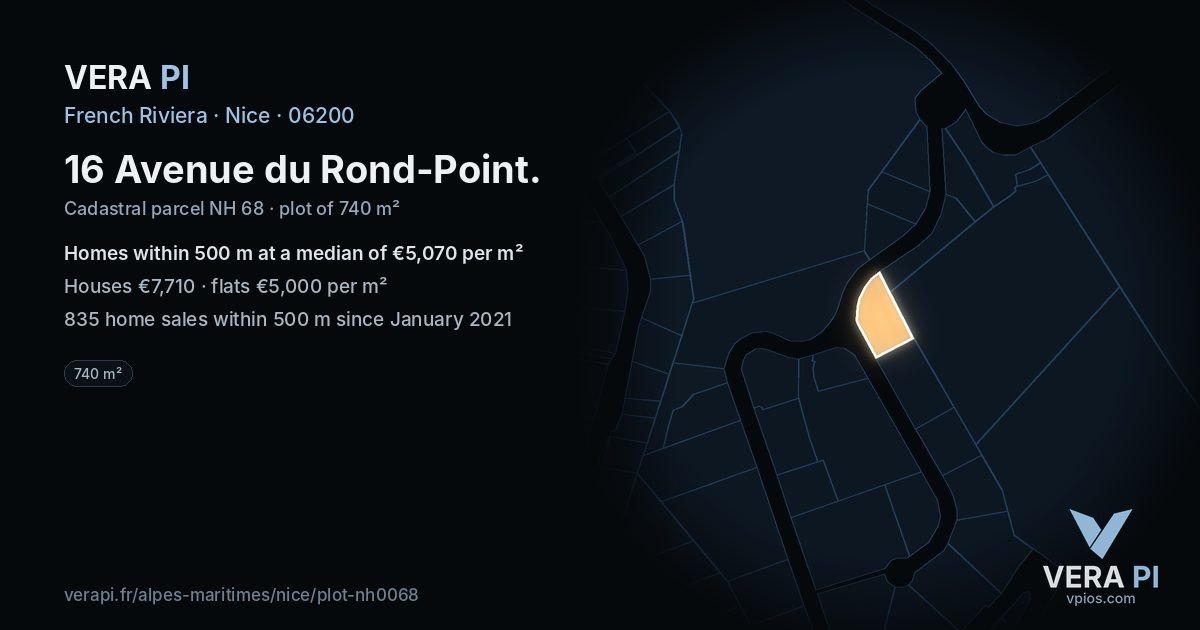 16 Avenue du Rond-Point, Nice at night – the plot lit, the parcels around coloured by the prices near them