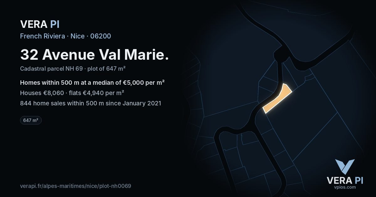 32 Avenue Val Marie, Nice at night – the plot lit, the parcels around coloured by the prices near them