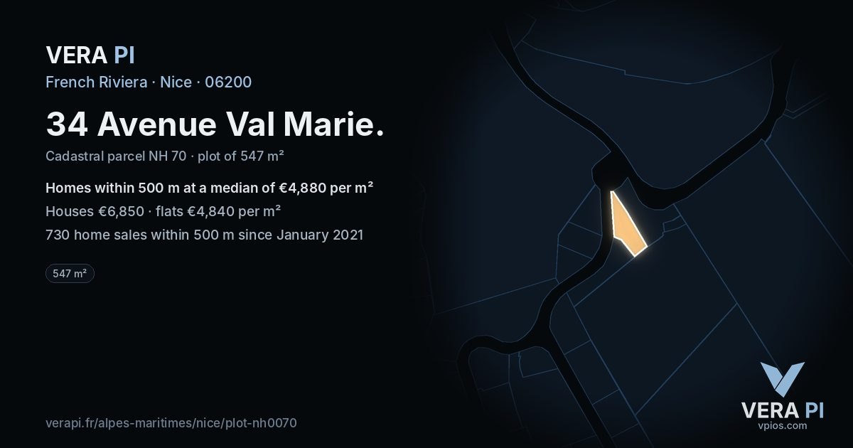 34 Avenue Val Marie, Nice at night – the plot lit, the parcels around coloured by the prices near them