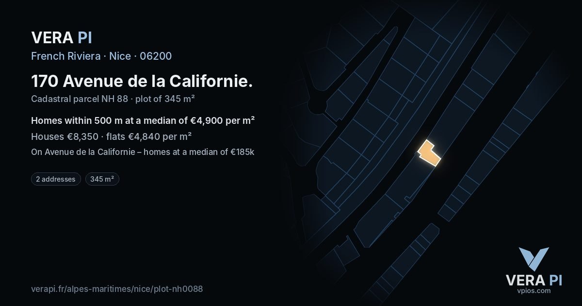 170 Avenue de la Californie, Nice at night – the plot lit, the parcels around coloured by the prices near them