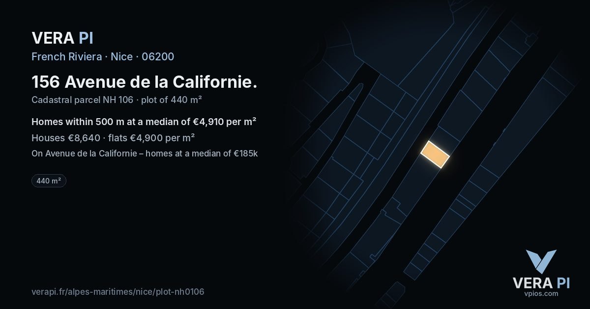 156 Avenue de la Californie, Nice at night – the plot lit, the parcels around coloured by the prices near them