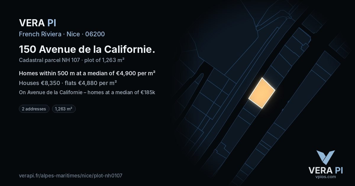 150 Avenue de la Californie, Nice at night – the plot lit, the parcels around coloured by the prices near them