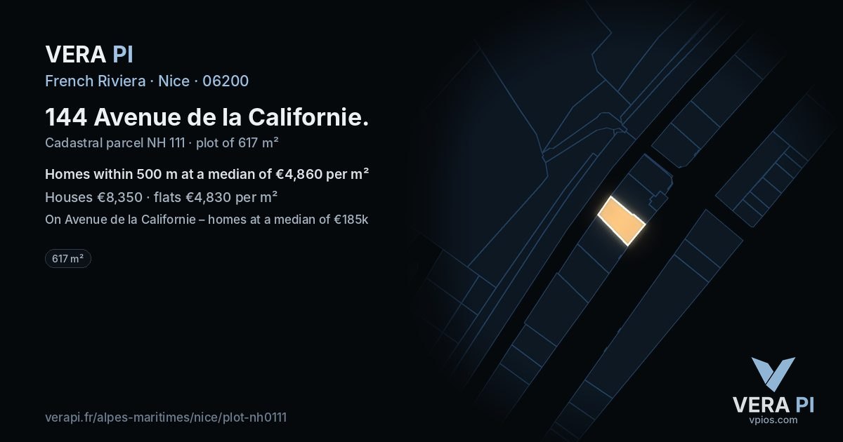 144 Avenue de la Californie, Nice at night – the plot lit, the parcels around coloured by the prices near them