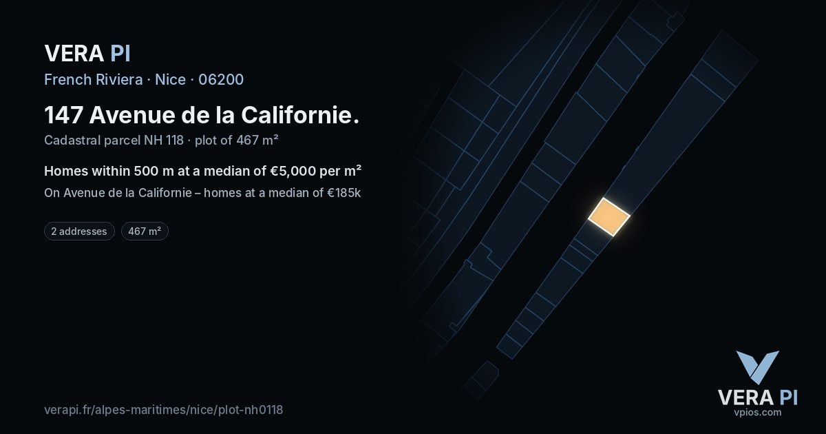 147 Avenue de la Californie, Nice at night – the plot lit, the parcels around coloured by the prices near them