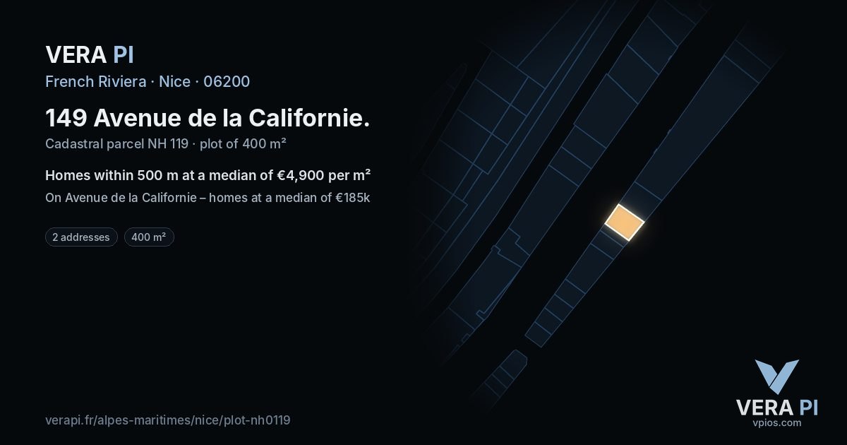 149 Avenue de la Californie, Nice at night – the plot lit, the parcels around coloured by the prices near them