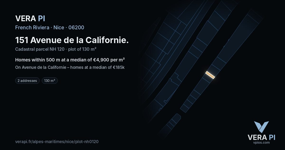151 Avenue de la Californie, Nice at night – the plot lit, the parcels around coloured by the prices near them