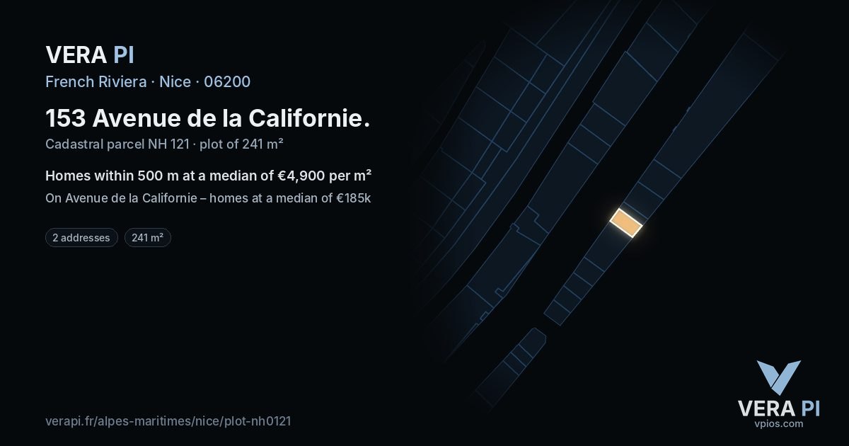 153 Avenue de la Californie, Nice at night – the plot lit, the parcels around coloured by the prices near them