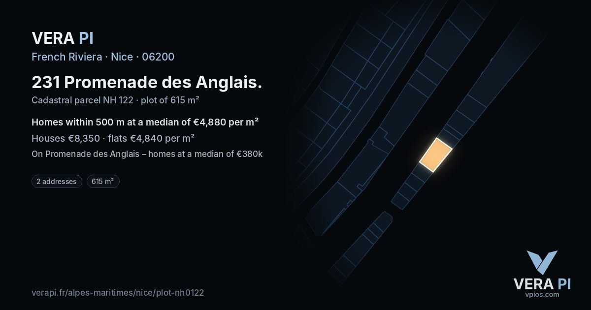 231 Promenade des Anglais, Nice at night – the plot lit, the parcels around coloured by the prices near them
