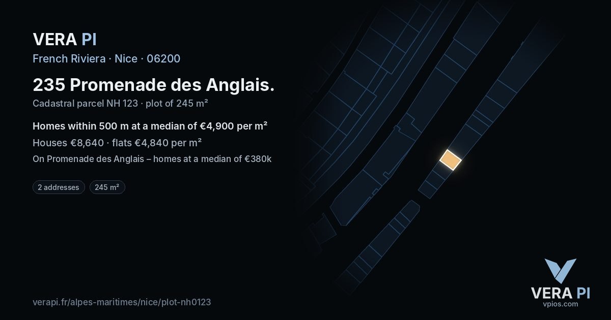 235 Promenade des Anglais, Nice at night – the plot lit, the parcels around coloured by the prices near them