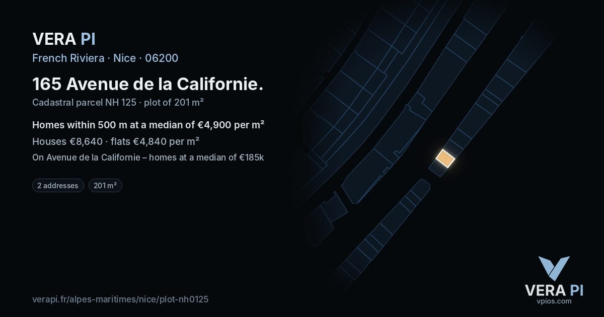 165 Avenue de la Californie, Nice at night – the plot lit, the parcels around coloured by the prices near them