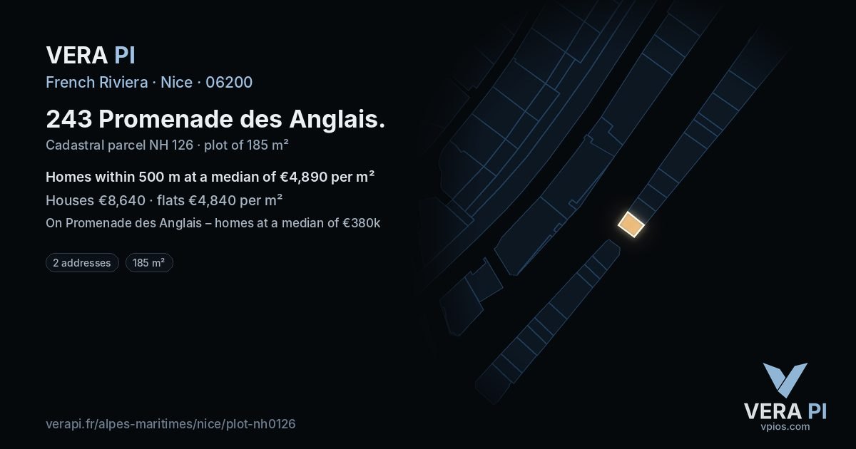 243 Promenade des Anglais, Nice at night – the plot lit, the parcels around coloured by the prices near them