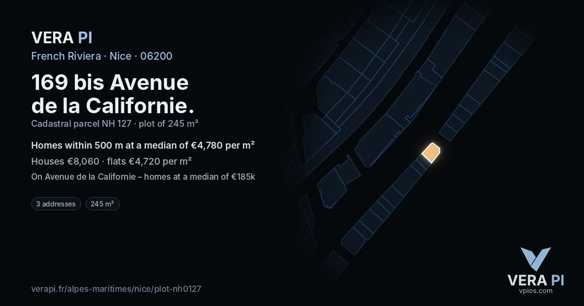 169 bis Avenue de la Californie, Nice at night – the plot lit, the parcels around coloured by the prices near them