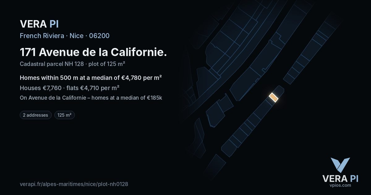171 Avenue de la Californie, Nice at night – the plot lit, the parcels around coloured by the prices near them