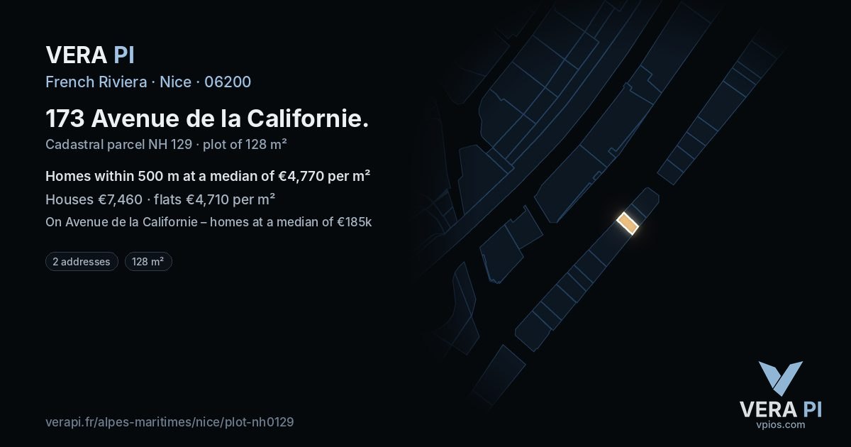 173 Avenue de la Californie, Nice at night – the plot lit, the parcels around coloured by the prices near them