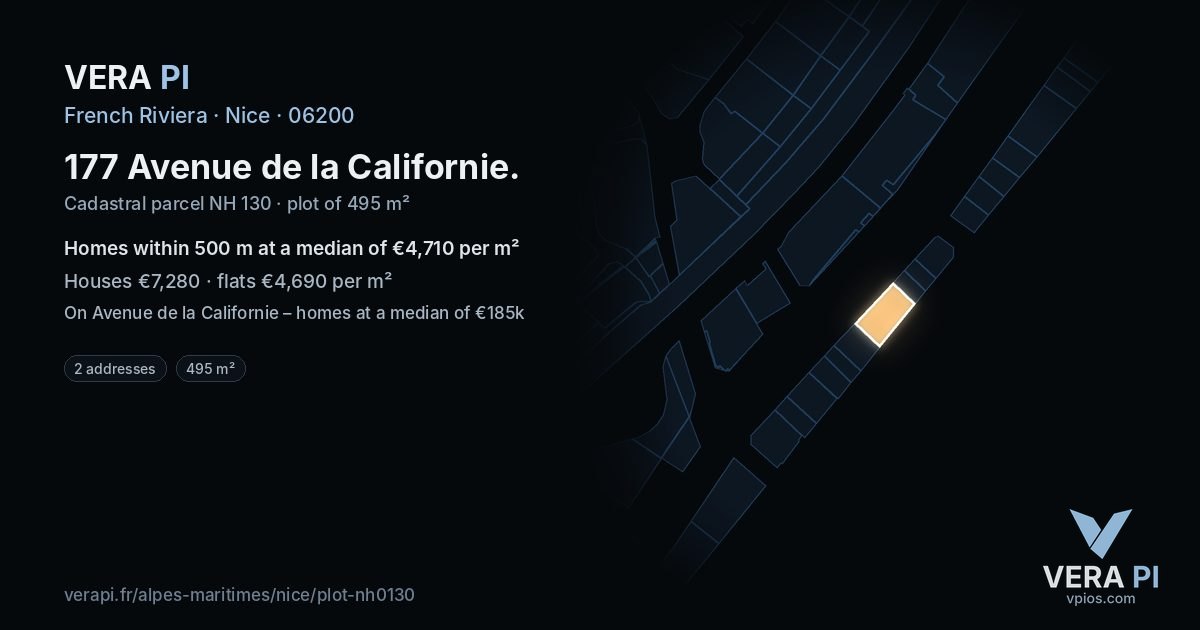 177 Avenue de la Californie, Nice at night – the plot lit, the parcels around coloured by the prices near them