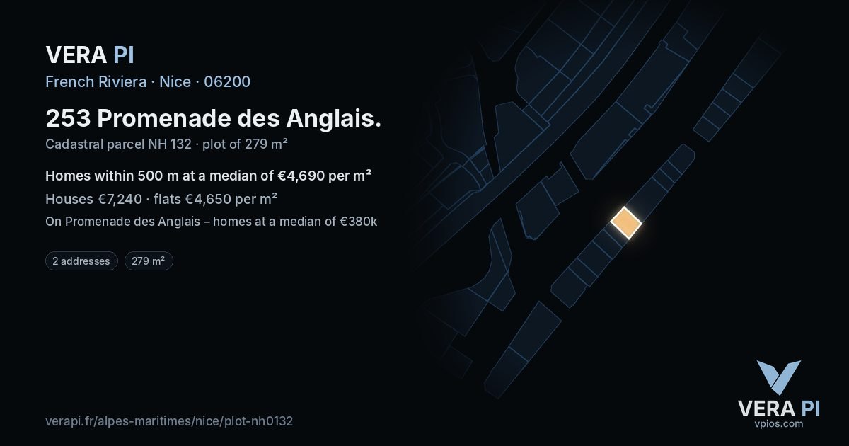 253 Promenade des Anglais, Nice at night – the plot lit, the parcels around coloured by the prices near them