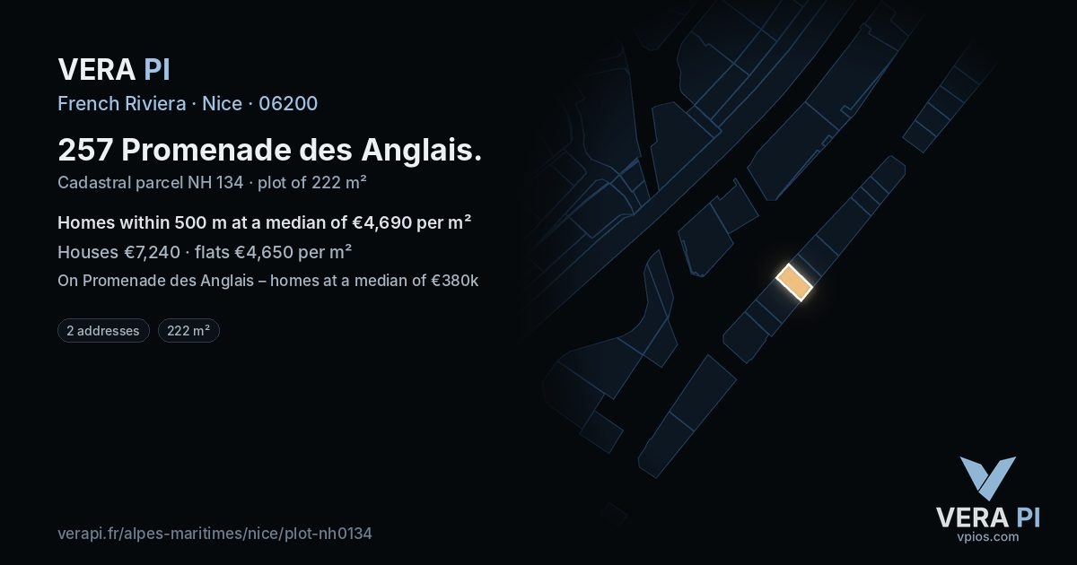 257 Promenade des Anglais, Nice at night – the plot lit, the parcels around coloured by the prices near them