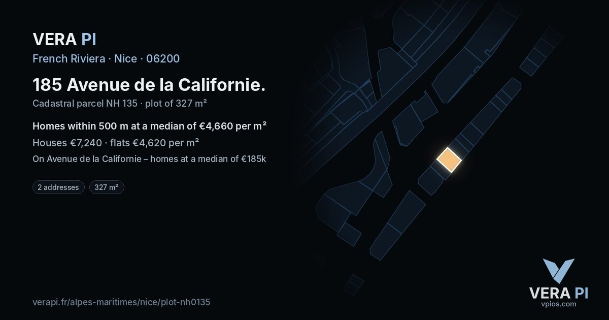 185 Avenue de la Californie, Nice at night – the plot lit, the parcels around coloured by the prices near them