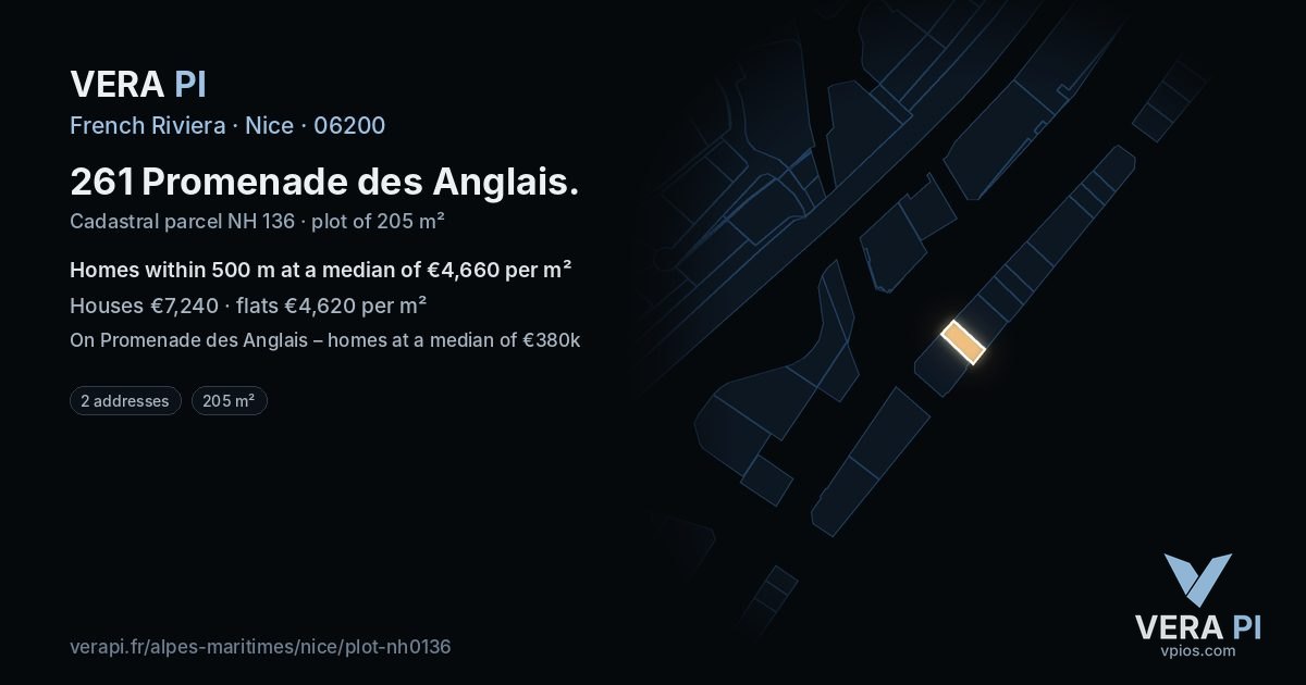261 Promenade des Anglais, Nice at night – the plot lit, the parcels around coloured by the prices near them