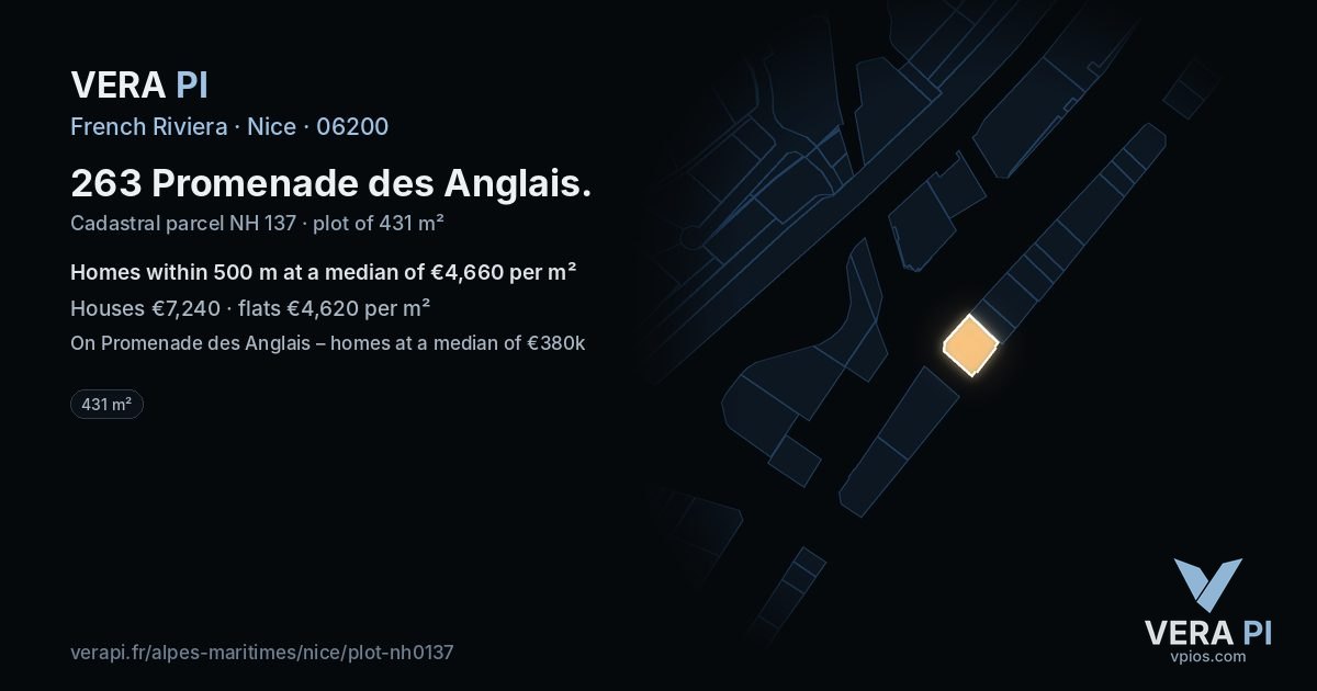 263 Promenade des Anglais, Nice at night – the plot lit, the parcels around coloured by the prices near them