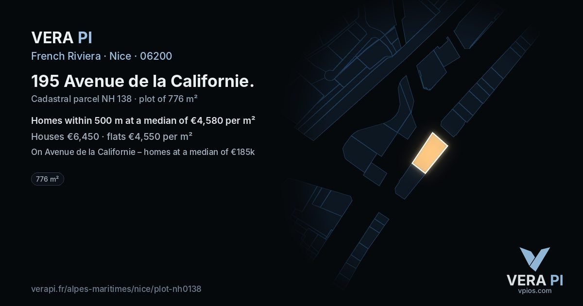 195 Avenue de la Californie, Nice at night – the plot lit, the parcels around coloured by the prices near them