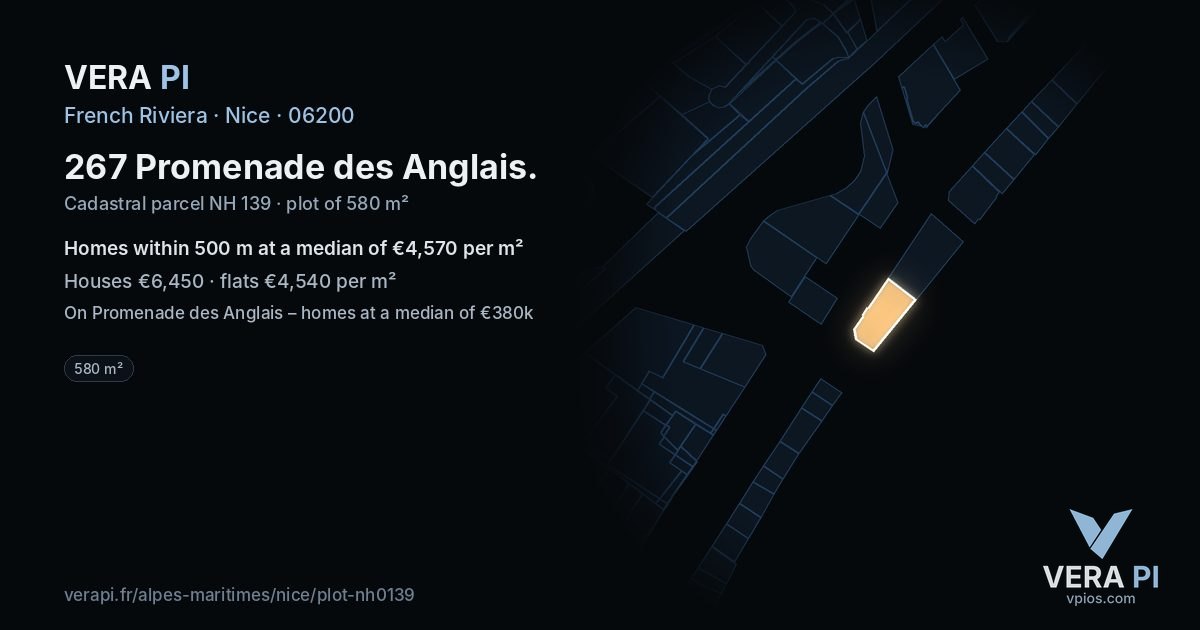 267 Promenade des Anglais, Nice at night – the plot lit, the parcels around coloured by the prices near them