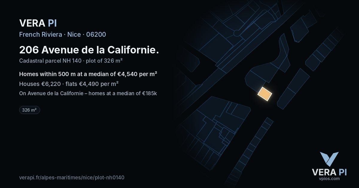 206 Avenue de la Californie, Nice at night – the plot lit, the parcels around coloured by the prices near them