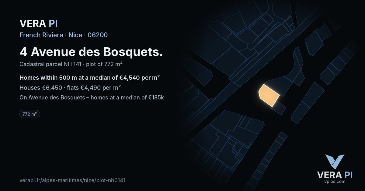 4 Avenue des Bosquets, Nice at night – the plot lit, the parcels around coloured by the prices near them