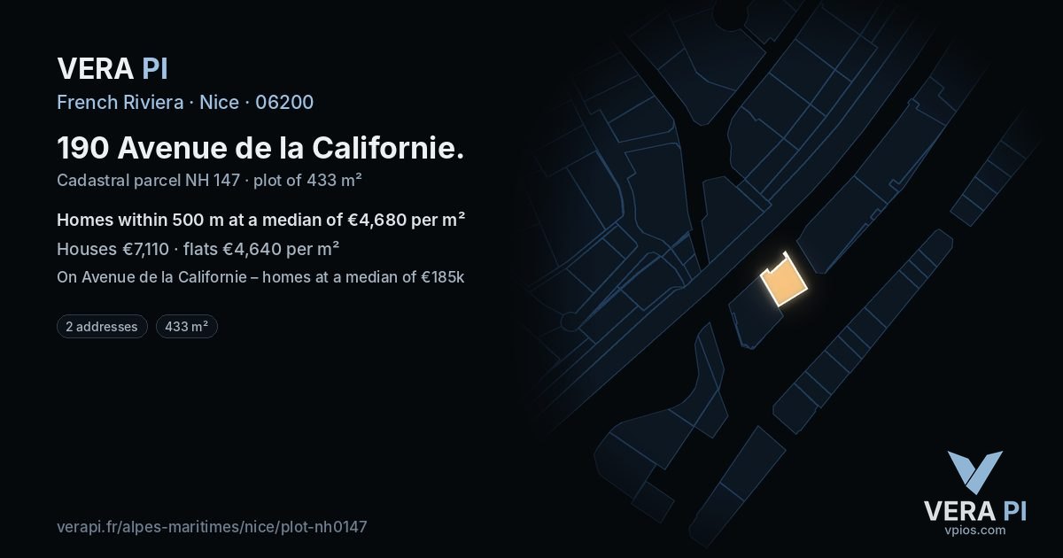 190 Avenue de la Californie, Nice at night – the plot lit, the parcels around coloured by the prices near them